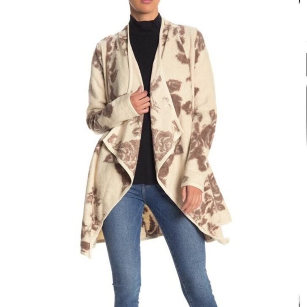 [Lucky Brand] Tan Brown Floral Print Open Front Draped Cardigan Sweater Sz Small